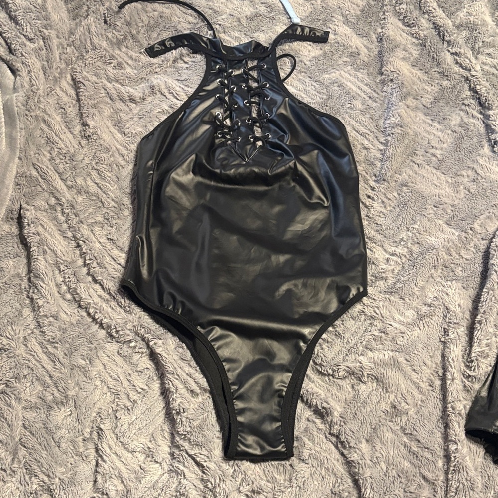 Black Lace-Up Halter Bodysuit